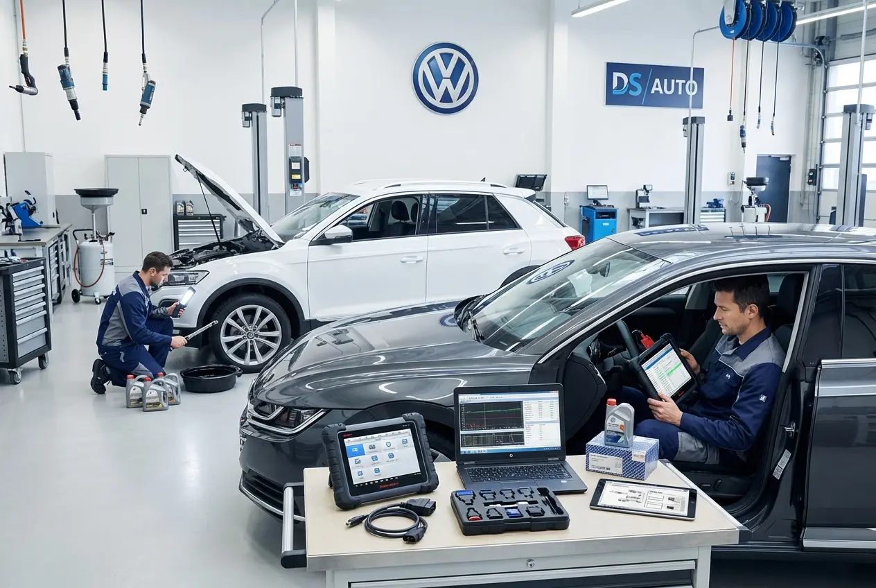 Диагностическое оборудование подключено к автомобилю Volkswagen в автосервисе DS Auto Жуковский

