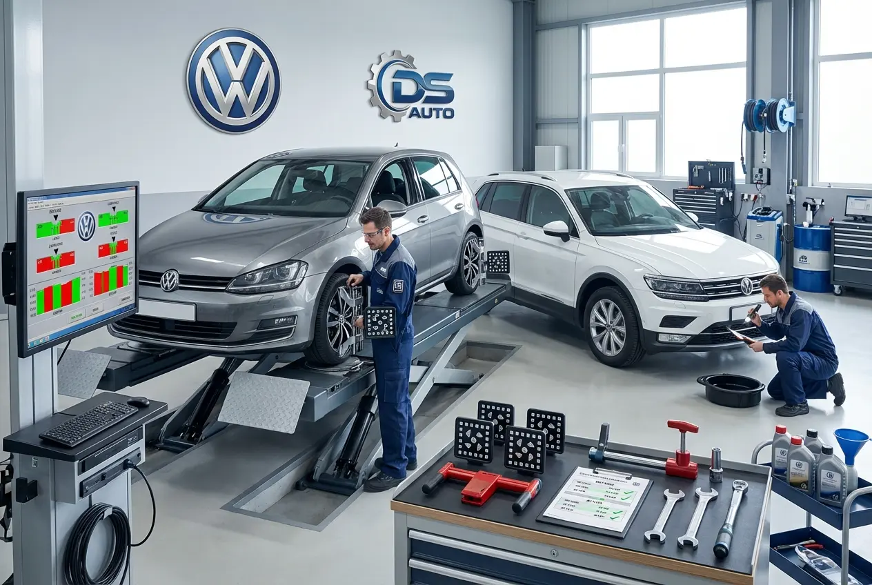 Процесс регулировки развал-схождения колес автомобиля Volkswagen в автосервисе DS Auto в Жуковском
